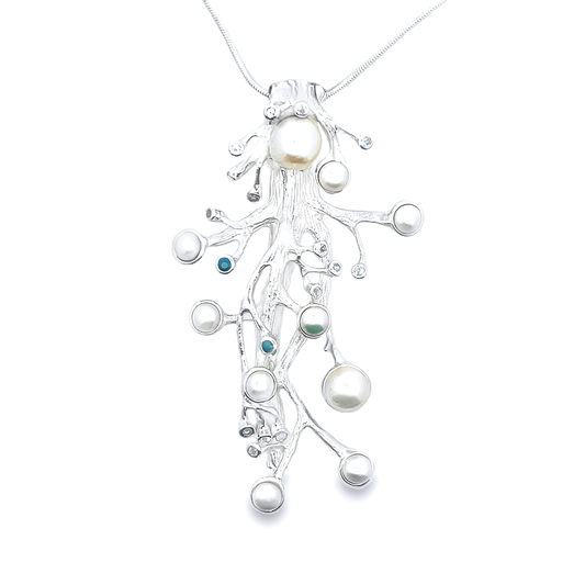 Silver Fresh Water Pearl Necklace with Sapphires and Topaz