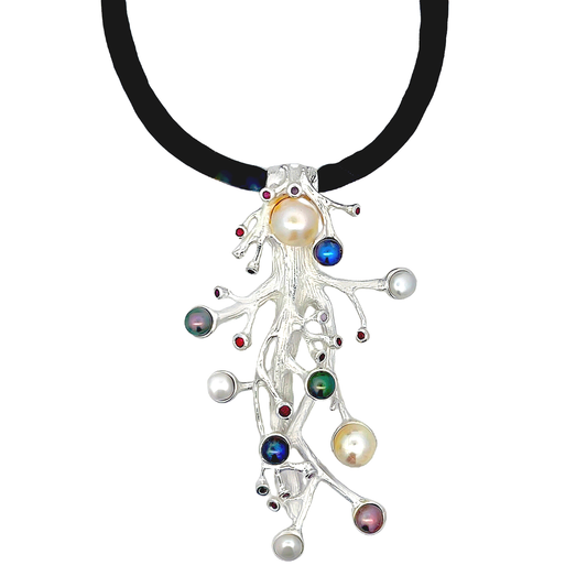 Sterling Silver Coral Inspired Necklace with Rubies and Fresh Water Pearls