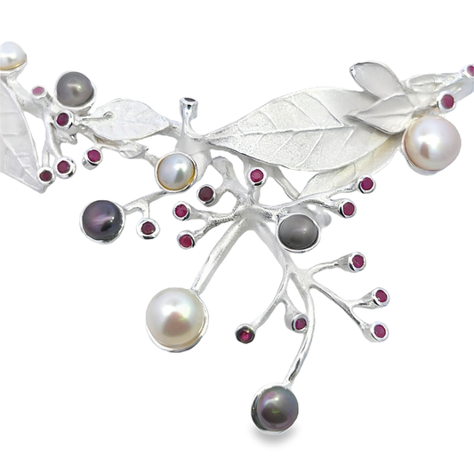 Silver Fresh Water Pearl Neck Cuff with Rubies