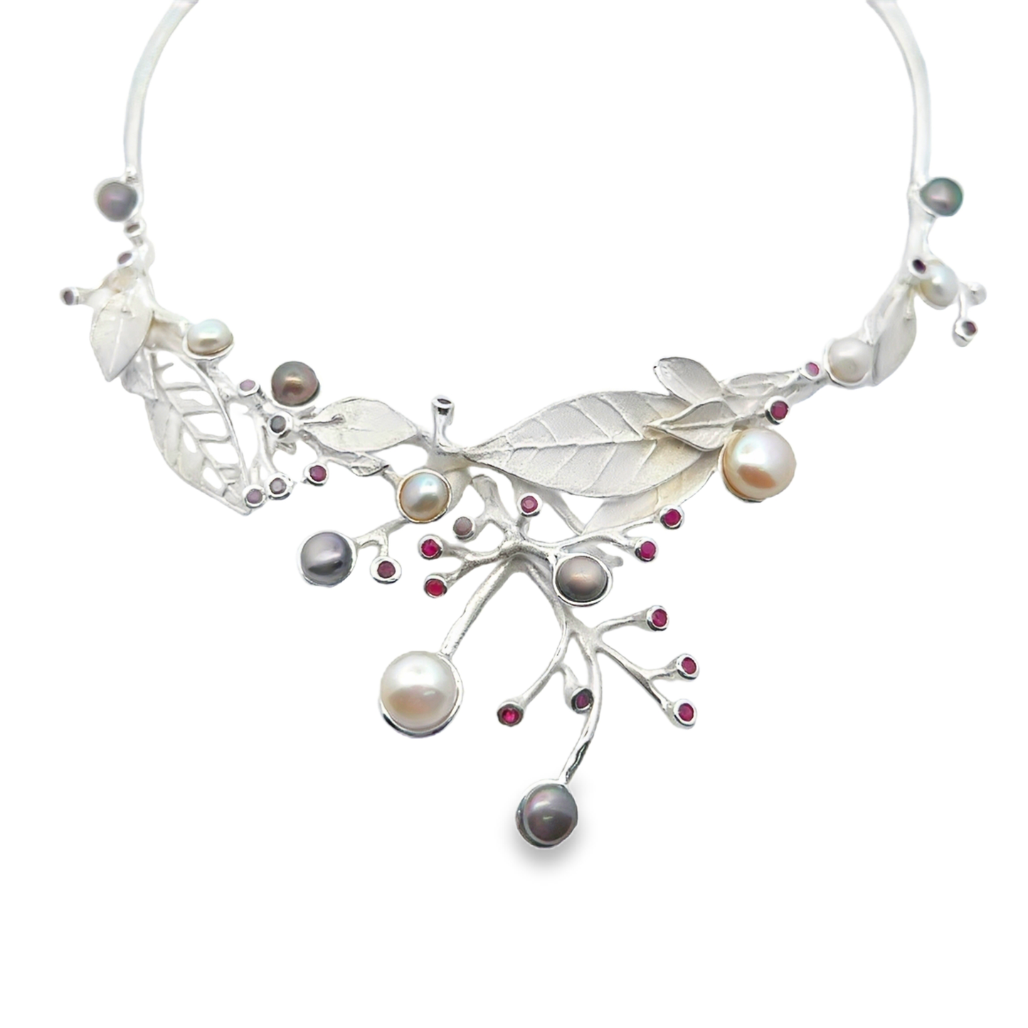 Silver Fresh Water Pearl Neck Cuff with Rubies