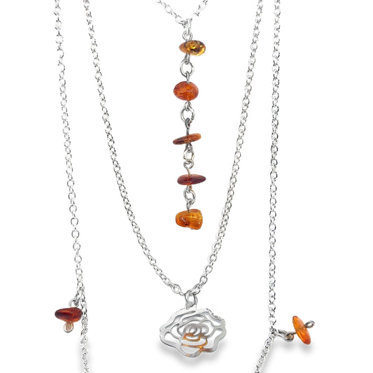 Silver Layered Amber Necklace