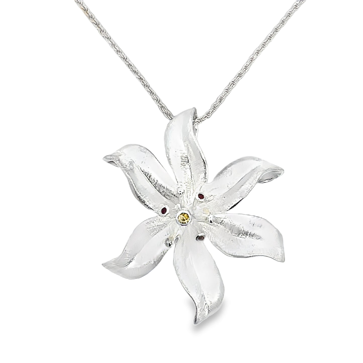 Silver Flower Necklace with Citrine and Ruby