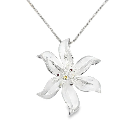 Silver Flower Necklace with Citrine and Ruby