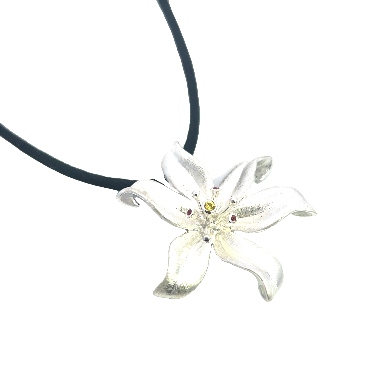 Silver Flower Necklace with Citrine and Ruby