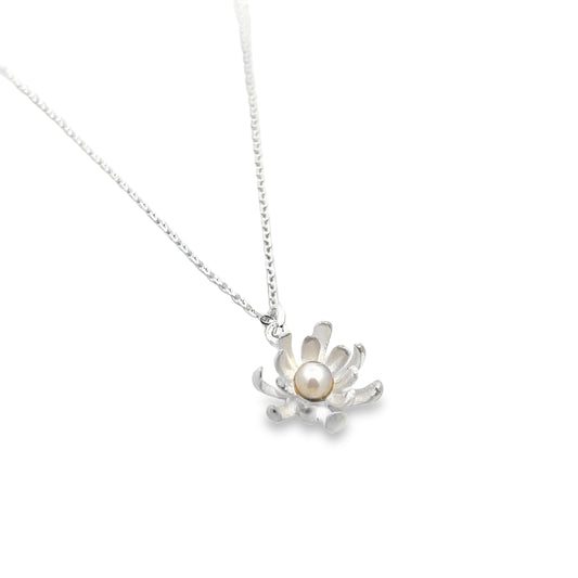 Silver Flower Necklace with Pearl
