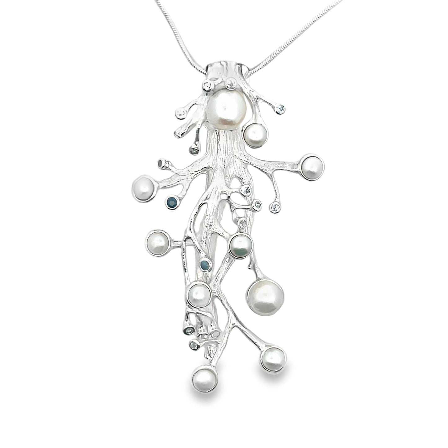 Silver Fresh Water Pearl Necklace with Sapphires and Topaz