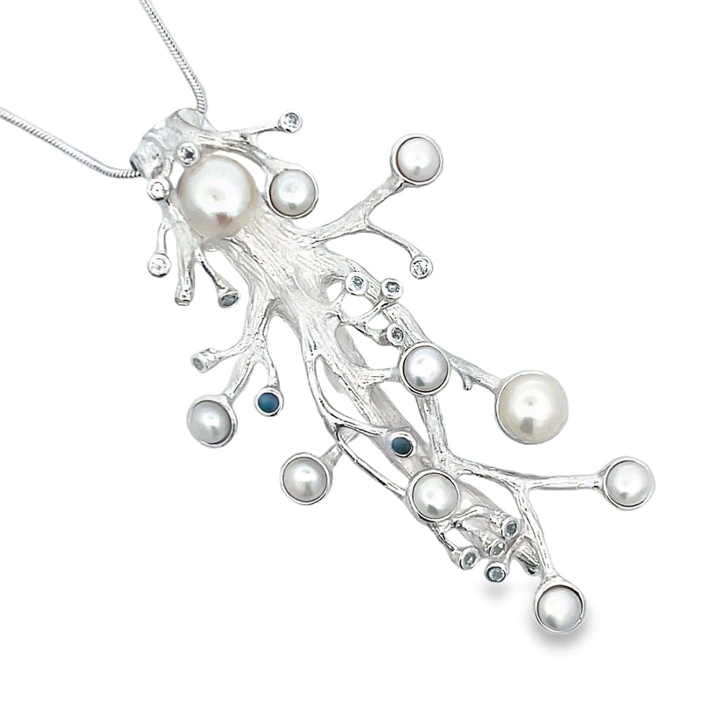 Silver Fresh Water Pearl Necklace with Sapphires and Topaz