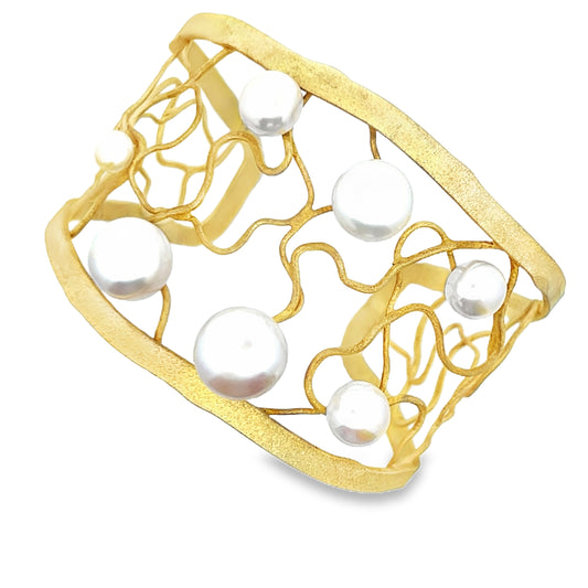 Yellow Gold Bangle Bracelet with Round Cabochon Pearls