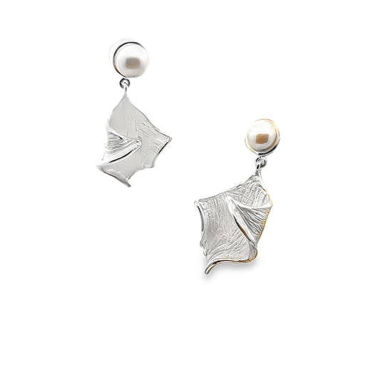 Silver Dangle Earrings with Round Cabochon Pearls