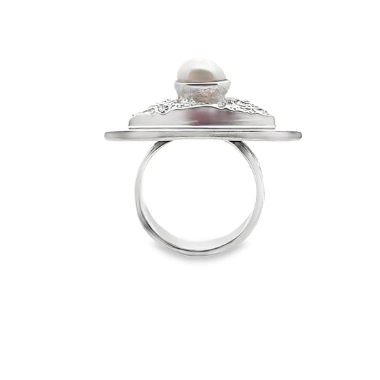 Silver Cocktail Ring with Round Cabochon Pearl