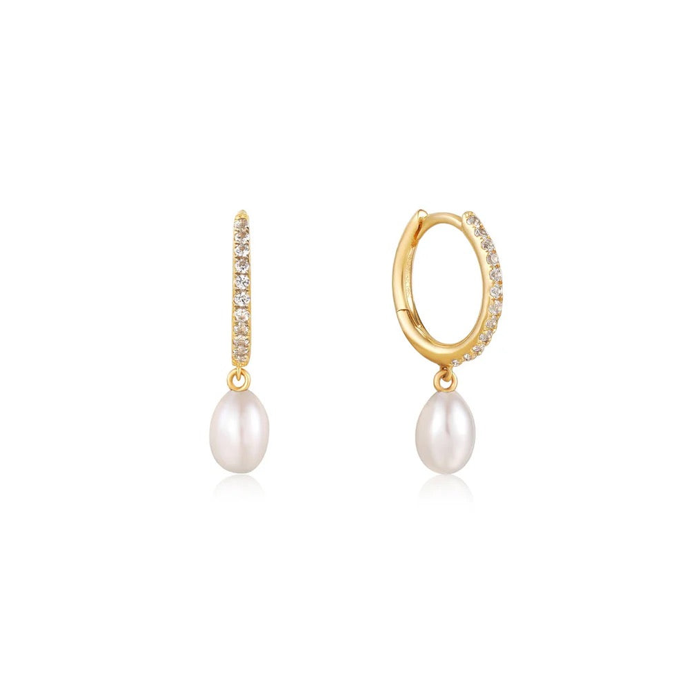 14k Gold Pearl Drop and White Sapphire Huggies