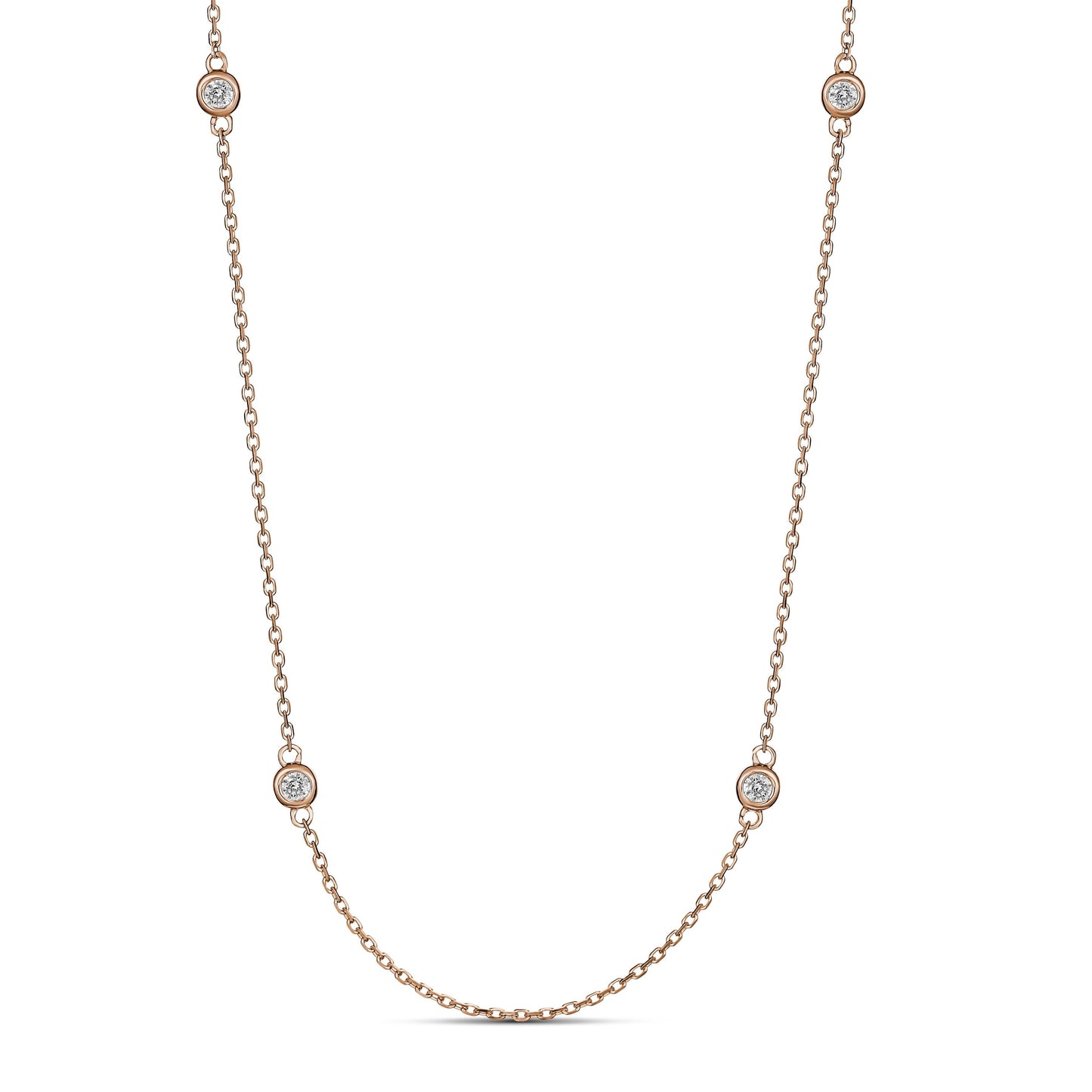 A 9ct rose gold necklace with bezel set diamonds along the chain, displayed on a white background.