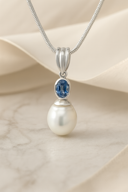 18ct White Gold South Sea Pearl with Ceylon Sapphire Pendant Necklace