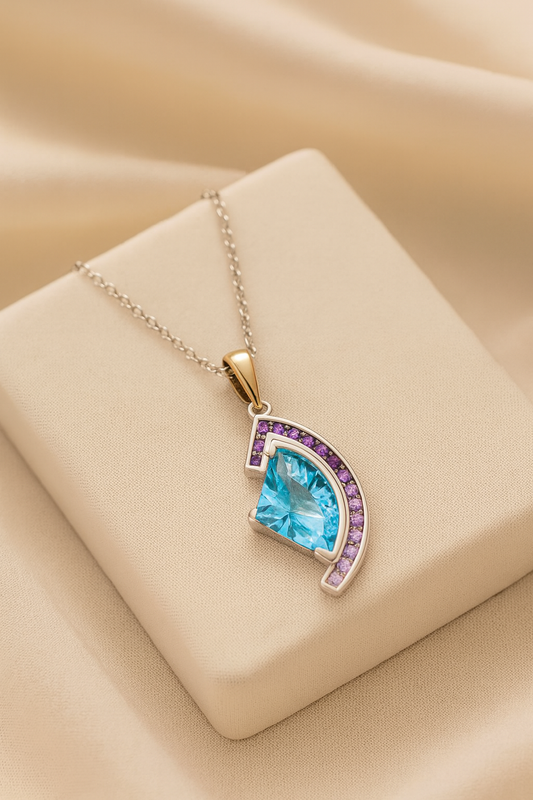 Silver Pendant With Blue Topaz + Amethyst (18K Gold Sheet)