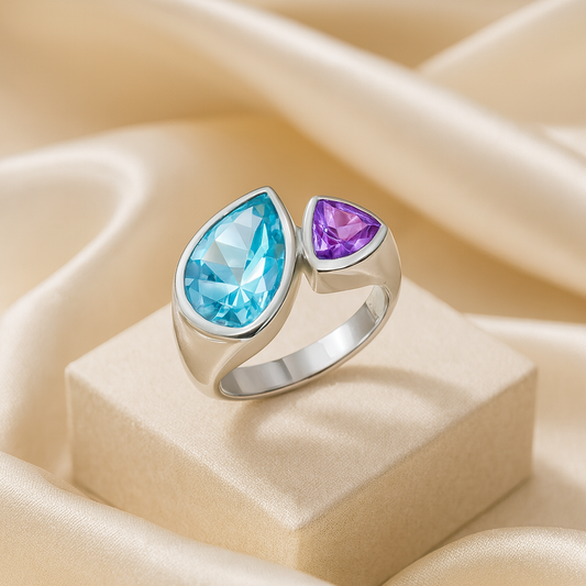 Silver Ring With Blue Topaz + Amethyst