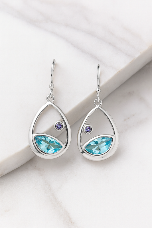 Silver Earrings With Blue Topaz + Amethyst