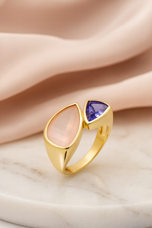9k Yellow Gold Ring With Rose Quartz + Amethyst