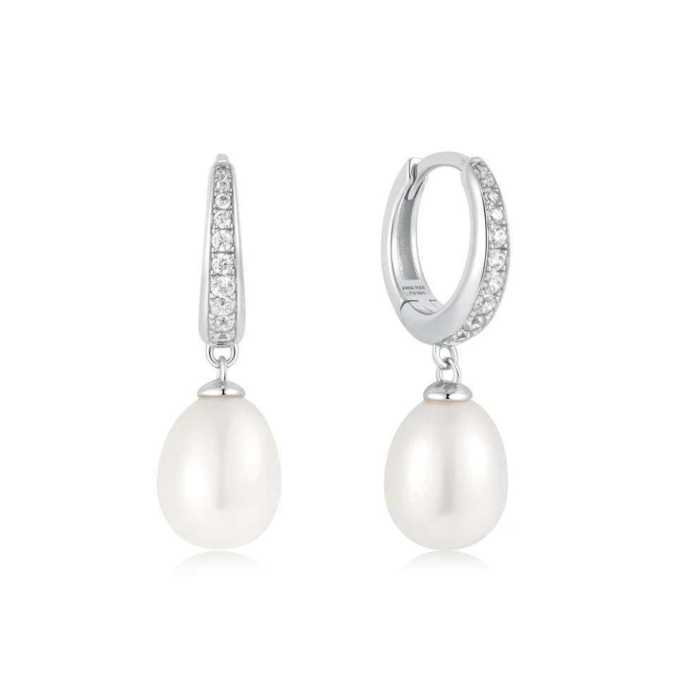 Stering Silver Pearl and Cubic Zirconia Drop Huggies