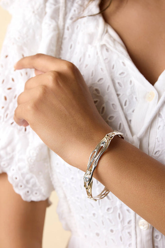 Handmade Sterling Silver Blue Topaz and Pearl Hinged Bangle