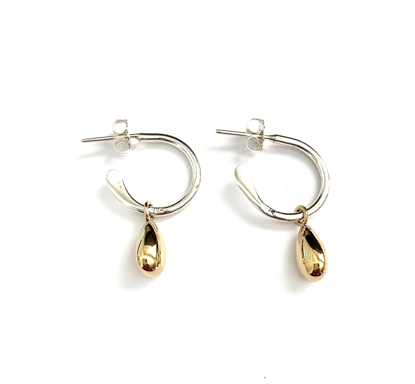 Silver Round Stud with Puffy Brass Drop Earrings