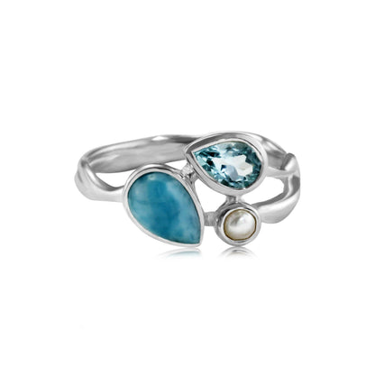 Larimar, Blue Topaz and Freshwater Pearl Trio Ring