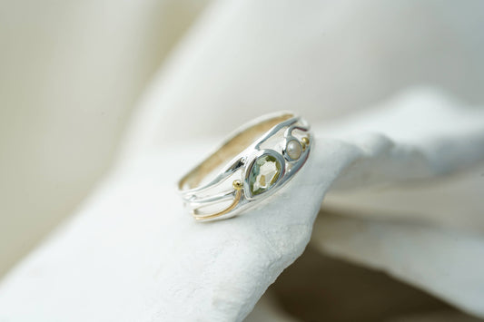 Teardrop Green Amethyst and Pearl Silver Ring