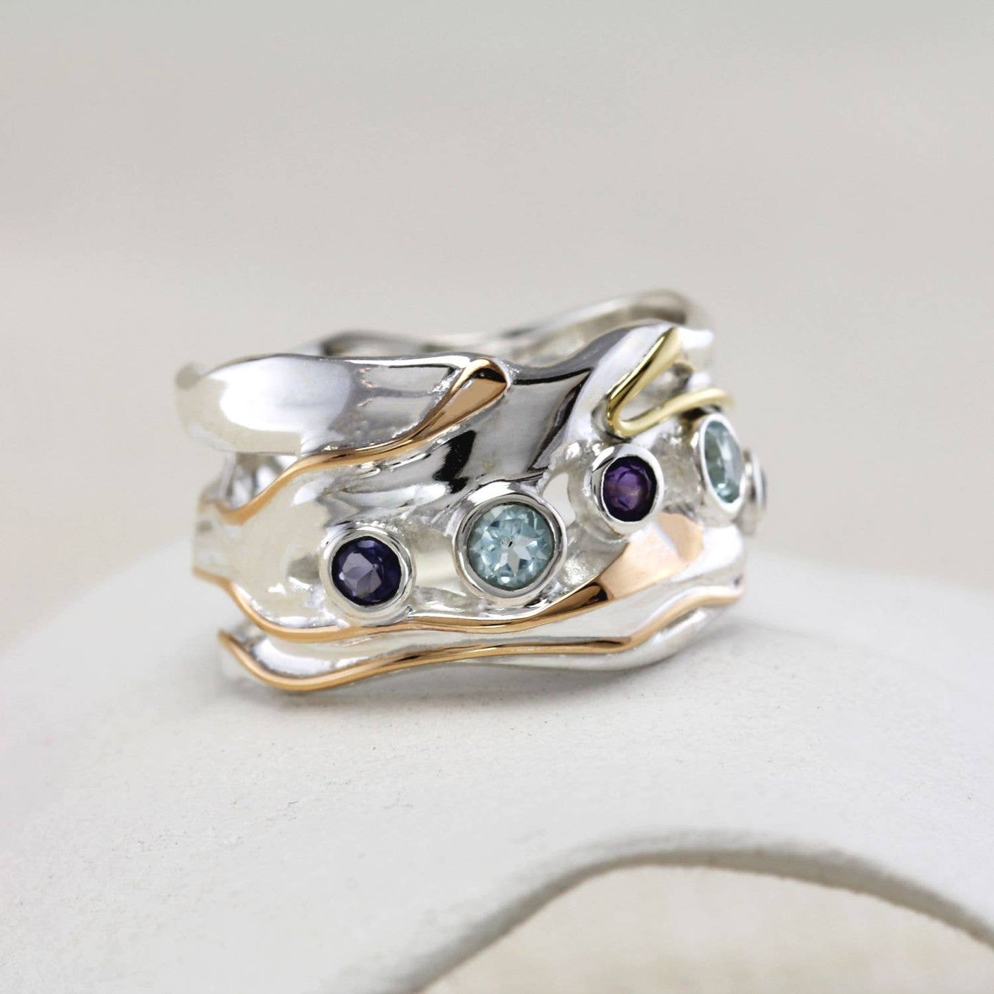 Handmade Blue Topaz, Iolite and Amethyst Statement Ring