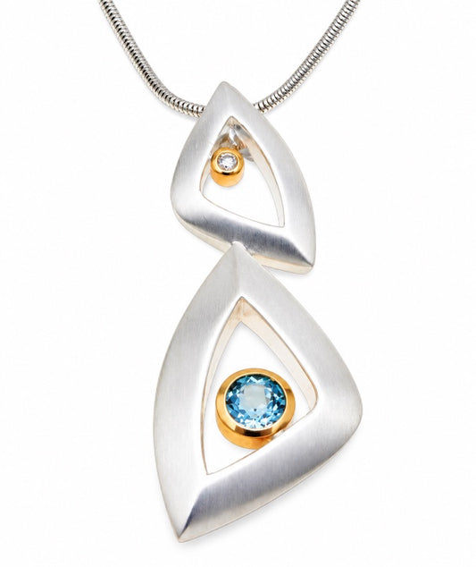 Silver-Gold Pendant with Blue Topaz & Diamond - 160467BT