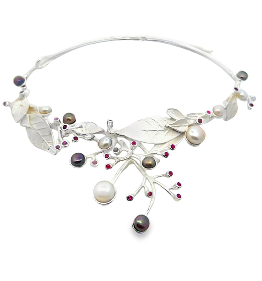 Silver Fresh Water Pearl Neck Cuff with Rubies