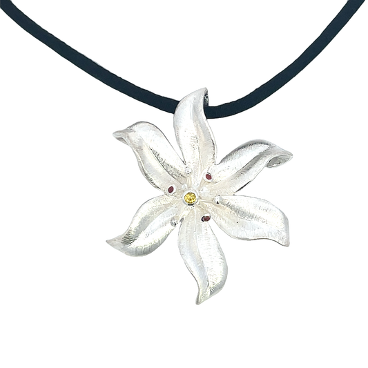 Silver Flower Necklace with Citrine and Ruby