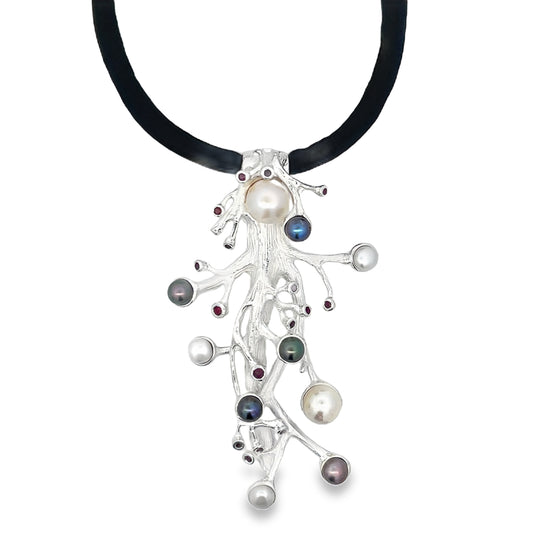 Sterling Silver Coral Inspired Necklace with Rubies and Fresh Water Pearls
