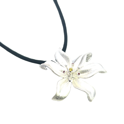 Silver Flower Necklace with Citrine and Ruby