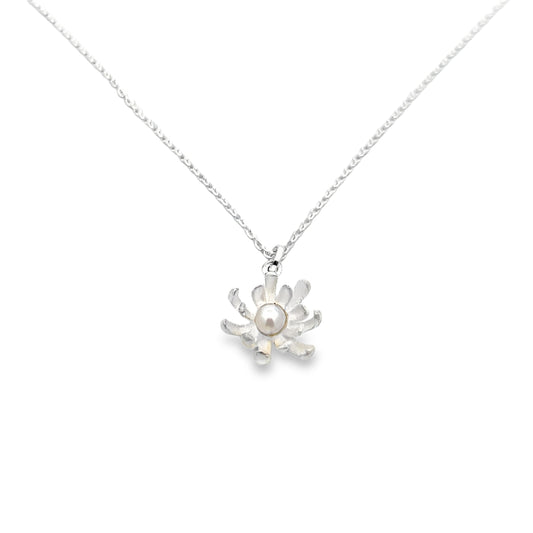 Silver Flower Necklace with Pearl