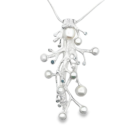 Silver Fresh Water Pearl Necklace with Sapphires and Topaz