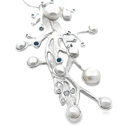 Silver Fresh Water Pearl Necklace with Sapphires and Topaz