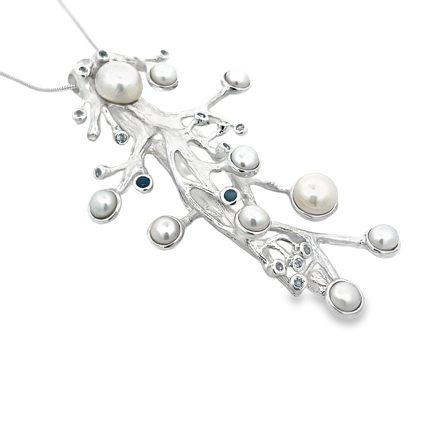 Silver Fresh Water Pearl Necklace with Sapphires and Topaz