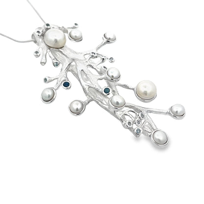 Silver Fresh Water Pearl Necklace with Sapphires and Topaz