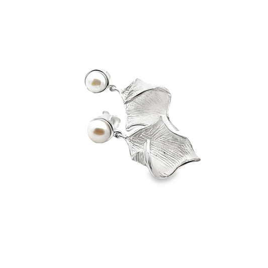 Silver Dangle Earrings with Round Cabochon Pearls