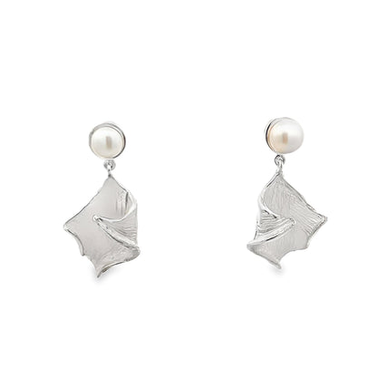 Silver Dangle Earrings with Round Cabochon Pearls