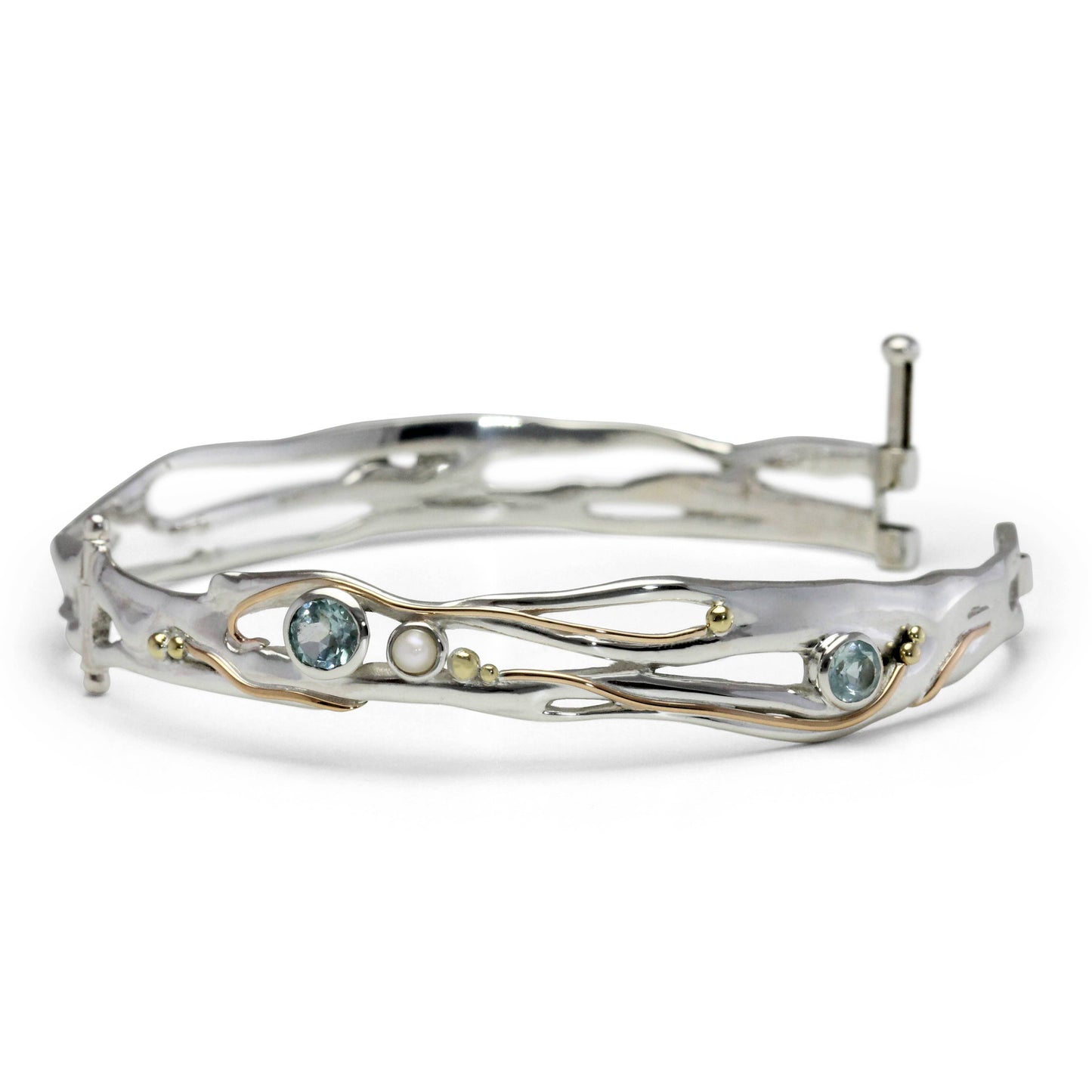 Handmade Sterling Silver Blue Topaz and Pearl Hinged Bangle