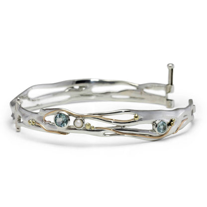Handmade Sterling Silver Blue Topaz and Pearl Hinged Bangle