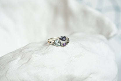 Handmade Blue Topaz Iolite and Amethyst Sterling Silver Ring