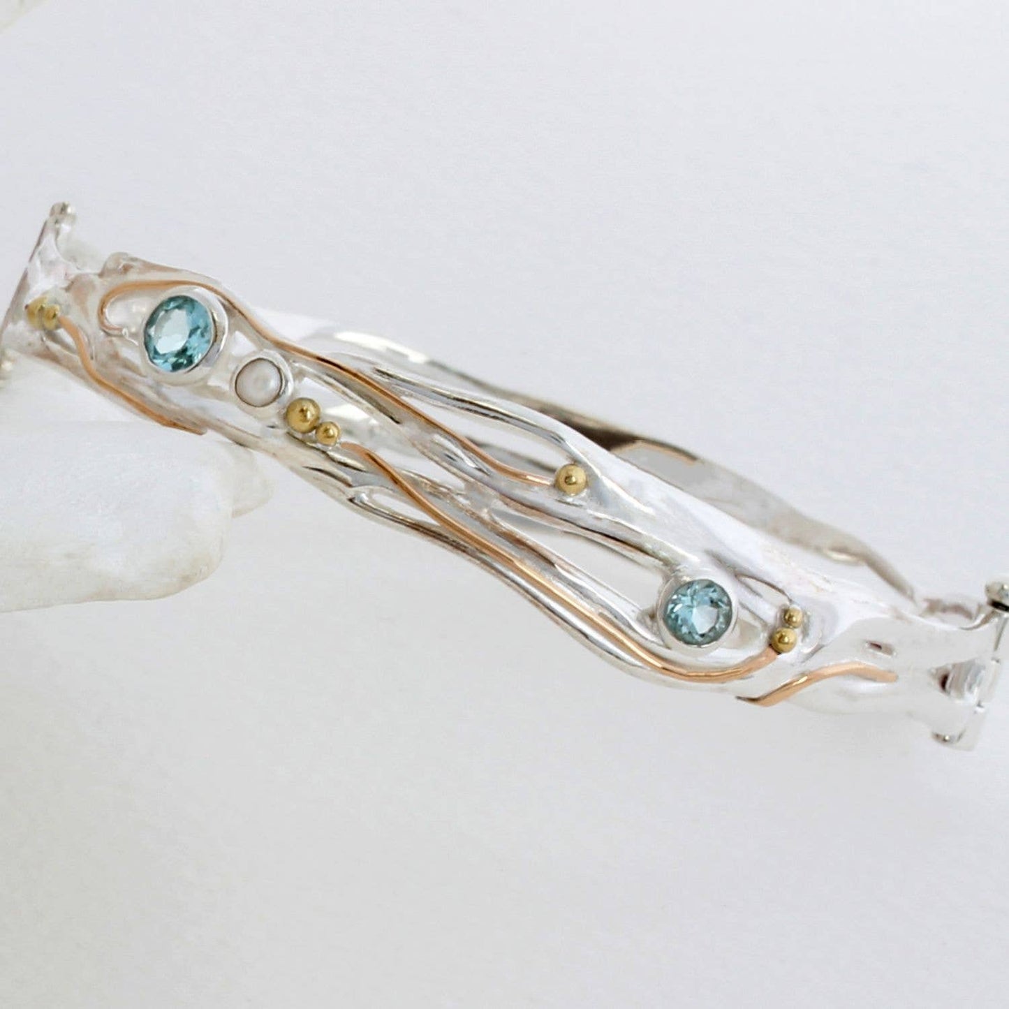 Handmade Sterling Silver Blue Topaz and Pearl Hinged Bangle