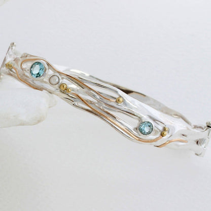 Handmade Sterling Silver Blue Topaz and Pearl Hinged Bangle