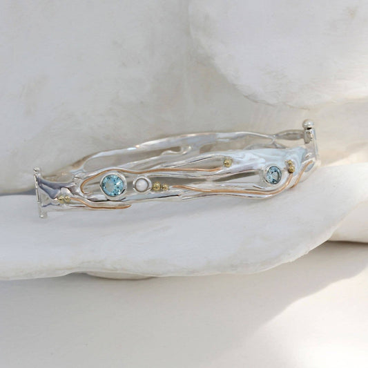 Handmade Sterling Silver Blue Topaz and Pearl Hinged Bangle