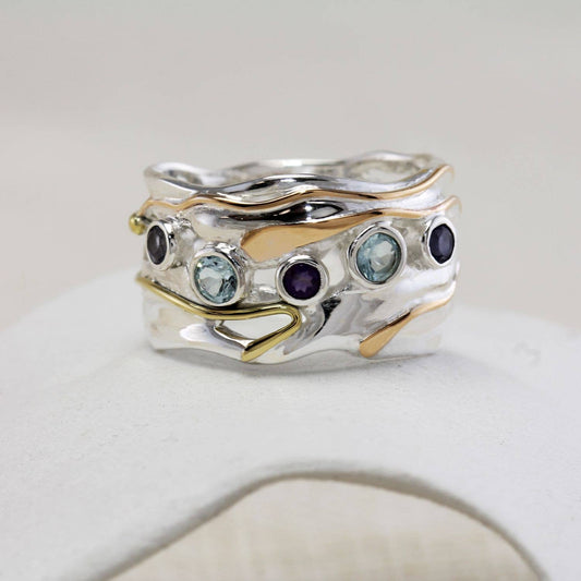 Handmade Blue Topaz, Iolite and Amethyst Statement Ring
