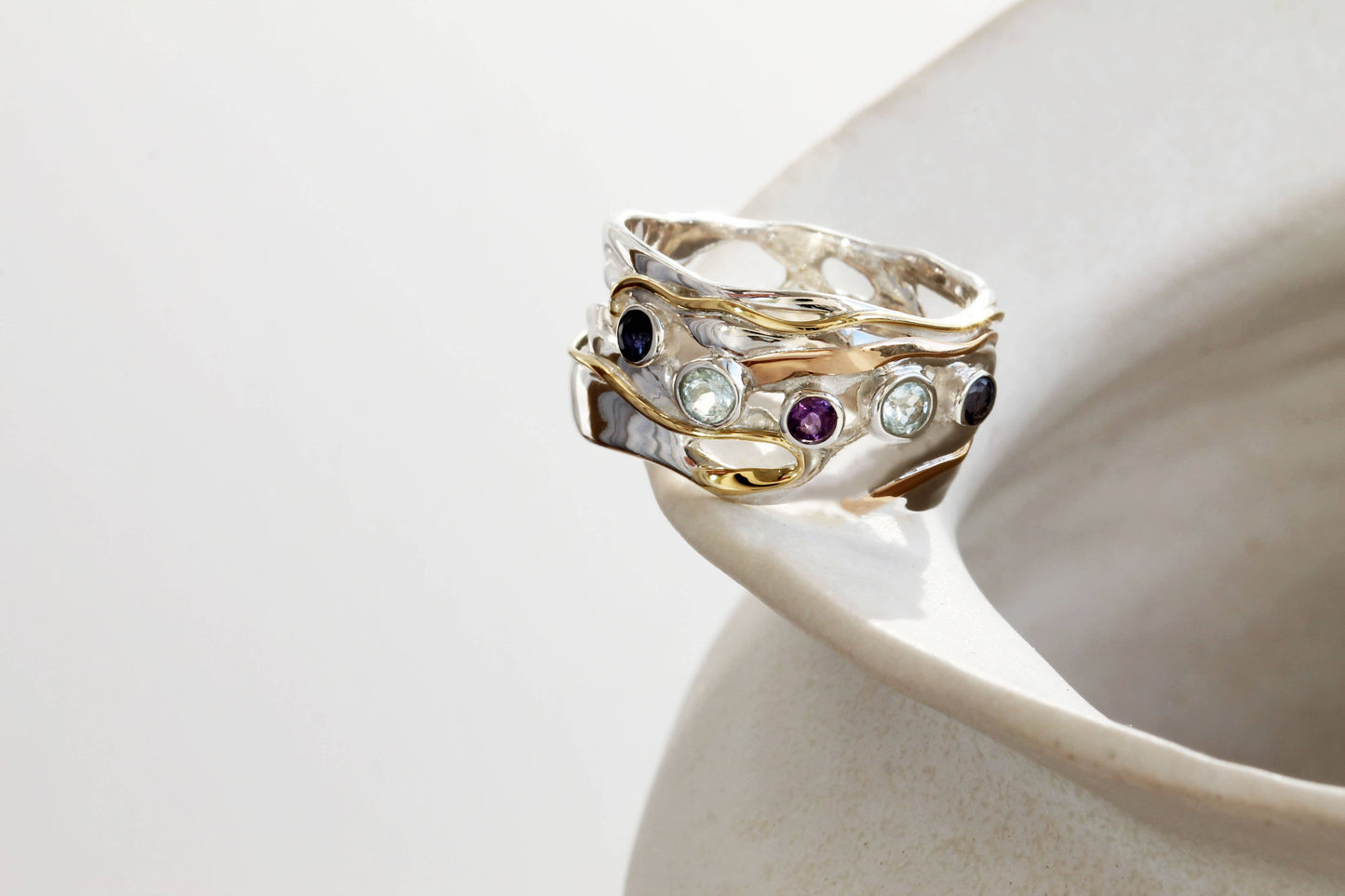Handmade Blue Topaz, Iolite and Amethyst Statement Ring