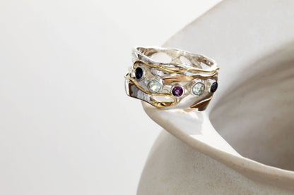 Handmade Blue Topaz, Iolite and Amethyst Statement Ring