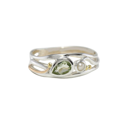 Teardrop Green Amethyst and Pearl Silver Ring