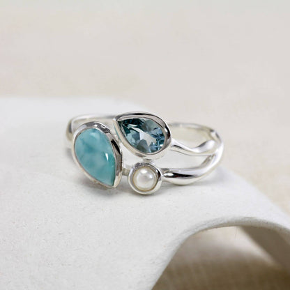 Larimar, Blue Topaz and Freshwater Pearl Trio Ring